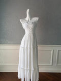 Vestido de Baile Simples Branco em Cetim com Decote Coração, Corte em A, Alças Finas, Vestido de Noite Y8574
