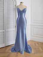 Blue Rhinestone V Neck Spaghetti Strap Prom Dress
