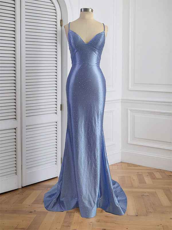 Blue Rhinestone V Neck Spaghetti Strap Prom Dress