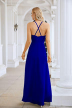 Vestido de Festa Comprido até ao Chão para Damas de Honra, em Chiffon, com Alças Finas, Decote em V e Fenda Frontal, para Baile, Festa e Casamento 28116