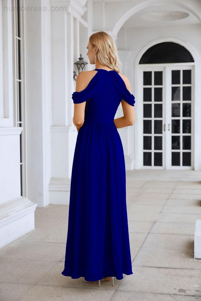 Abito da sera da damigella in chiffon con spalle scoperte, maniche a campana e spacco frontale, abito da festa nuziale 28117