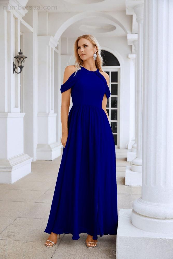 Abito da sera da damigella in chiffon con spalle scoperte, maniche a campana e spacco frontale, abito da festa nuziale 28117