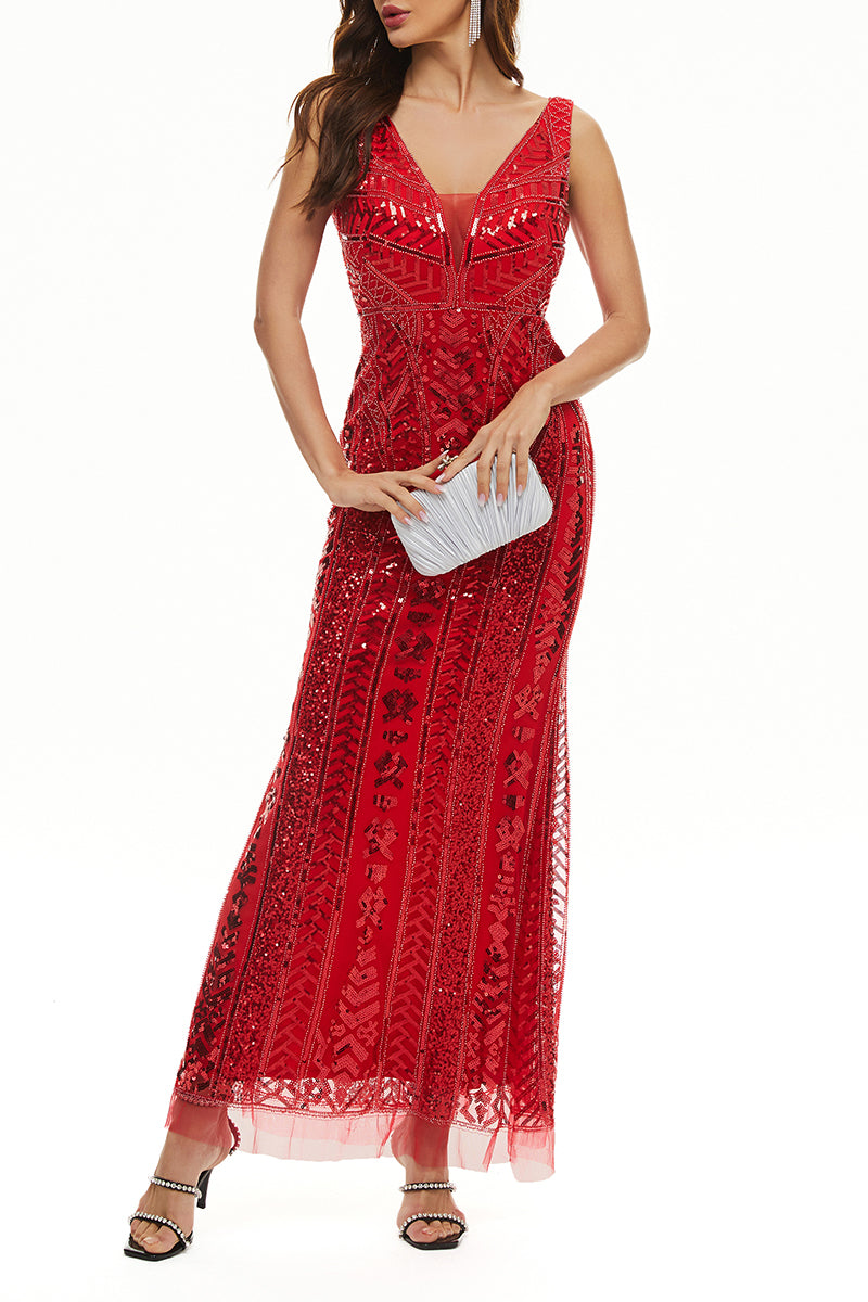 Elegante faculdade patchwork lantejoulas com decote em V vestidos de noite