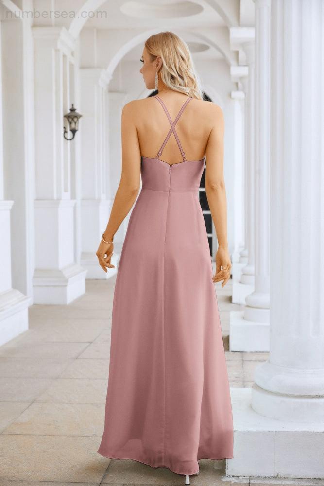 Vestido de Festa Comprido até ao Chão para Damas de Honra, em Chiffon, com Alças Finas, Decote em V e Fenda Frontal, para Baile, Festa e Casamento 28116