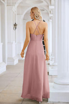 Vestido de Festa Comprido até ao Chão para Damas de Honra, em Chiffon, com Alças Finas, Decote em V e Fenda Frontal, para Baile, Festa e Casamento 28116
