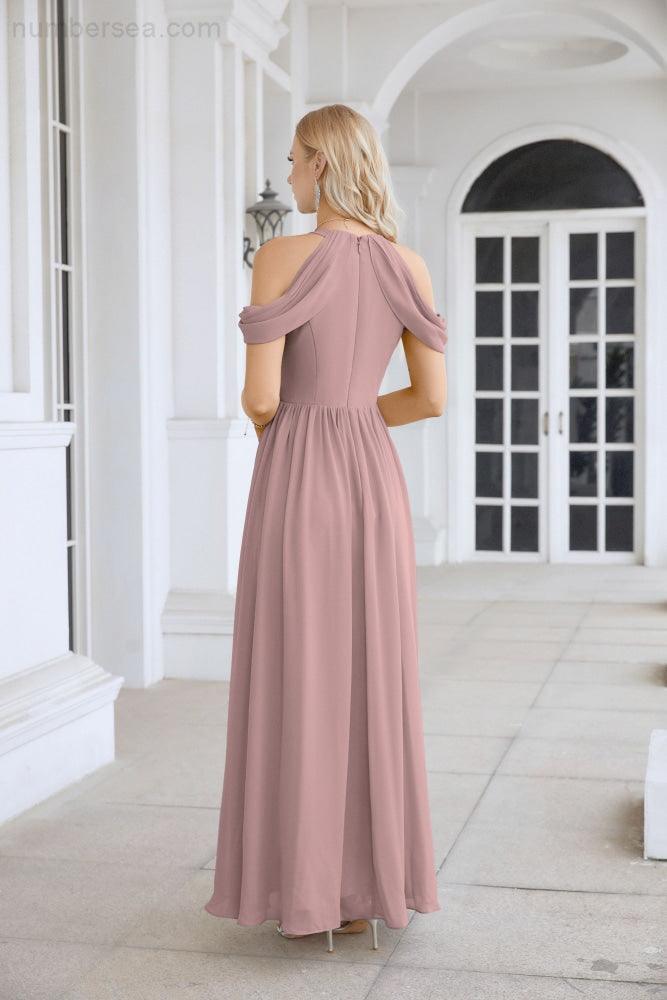 Abito da sera da damigella in chiffon con spalle scoperte, maniche a campana e spacco frontale, abito da festa nuziale 28117