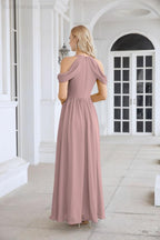 Abito da sera da damigella in chiffon con spalle scoperte, maniche a campana e spacco frontale, abito da festa nuziale 28117