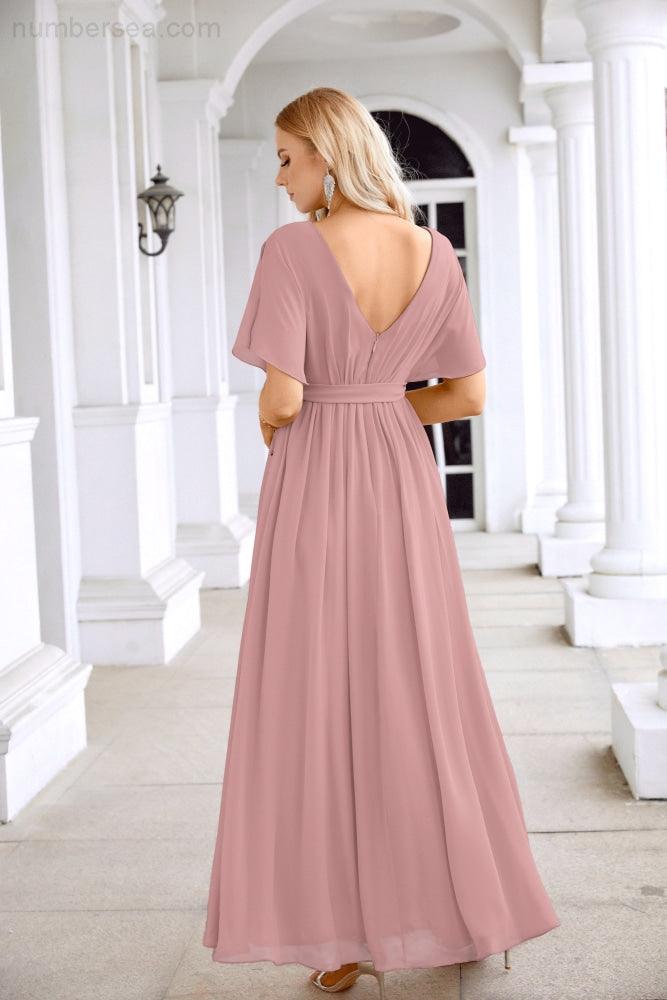 Robe de soirée longue jusqu'au sol pour demoiselle d'honneur, manches en mousseline, encolure ronde, fente avant, pour mariage et fête 28124