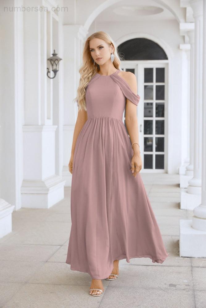 Abito da sera da damigella in chiffon con spalle scoperte, maniche a campana e spacco frontale, abito da festa nuziale 28117