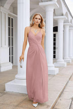 Vestido de Festa Comprido até ao Chão para Damas de Honra, em Chiffon, com Alças Finas, Decote em V e Fenda Frontal, para Baile, Festa e Casamento 28116