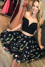 Robe noire deux pièces brodée à épaules dénudées pour retour à la maison/fête