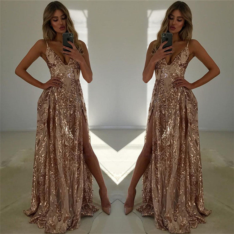 Abito da sera senza maniche con spacco, scollo a V e spalline sottili, decorato con paillettes
