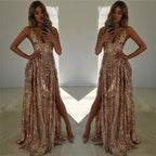 Abito da sera senza maniche con spacco, scollo a V e spalline sottili, decorato con paillettes