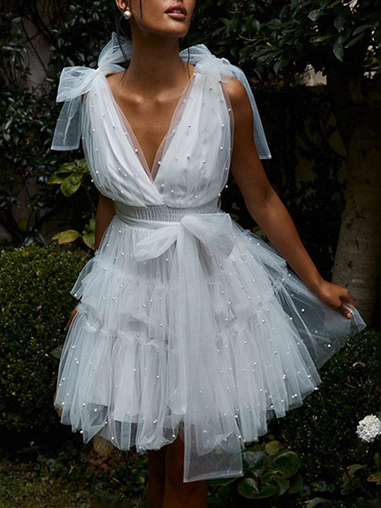 TARUXY Abito da Sera per Donna in Trama Solida con Spacco e Fiocco Mini, Senza Maniche, Scollatura a V Profonda, Elegante e Sexy, Perle