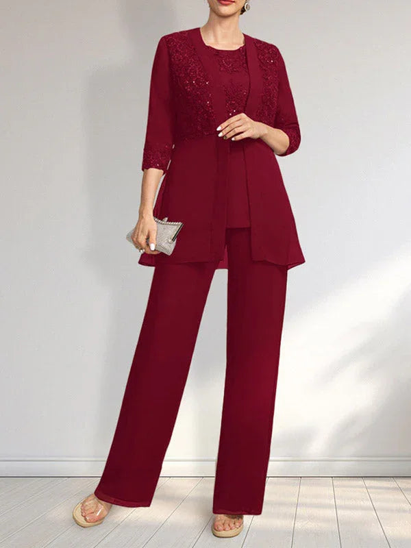 Tuta/Pantaloni Separati con Scollo a U, Lunghezza a Terra, in Chiffon e Pizzo, Abito per Madre della Sposa con Paillettes