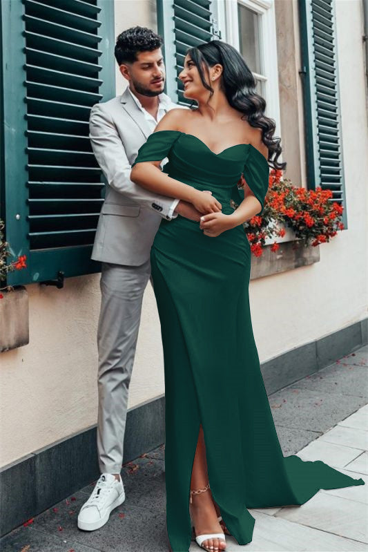 Charmeuse Off The Shoulder Wedding Dress With Split Silhouette