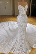 Spaghetti Strap Mermaid Lace Appliques Wedding Dress For Bride