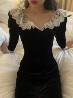 TARUXY Vestito Vintage con Merletto a Incastro Donna Nero di Carattere Abito Aderente Signorina Spacco Laterale Elegante da Festa Retro Abito da Sera Donna