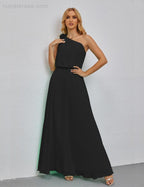 Ruffled One Shoulder Sleeveless Long Bridesmaid Dresses A-line Formal Evening Gown Side Split 28080