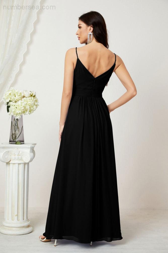 Chiffon V-Neck Bridesmaid Dress Spaghetti Strap Long Formal Party Prom Gowns with Slit 28010
