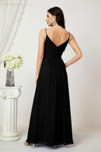 Chiffon V-Neck Bridesmaid Dress Spaghetti Strap Long Formal Party Prom Gowns with Slit 28010