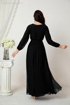 Evening Dresses Deep V-Neck Chiffon Bridesmaid Dresses Long Bishop Sleeve Side Split Formal Dress 2806