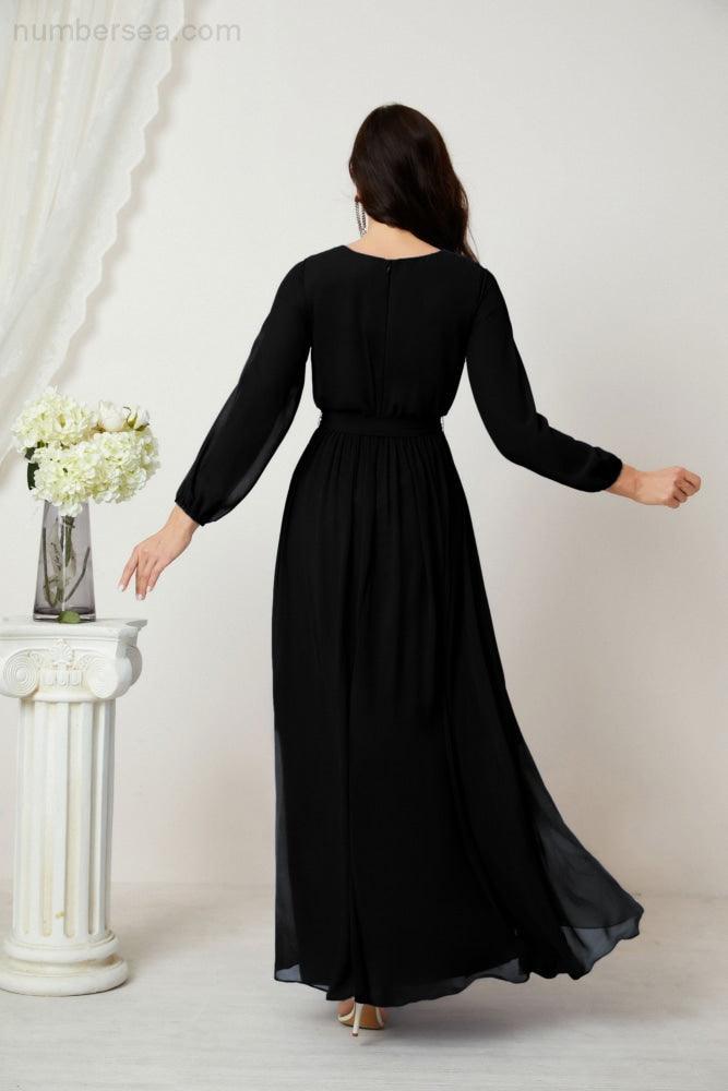 Evening Dresses Deep V-Neck Chiffon Bridesmaid Dresses Long Bishop Sleeve Side Split Formal Dress 2806