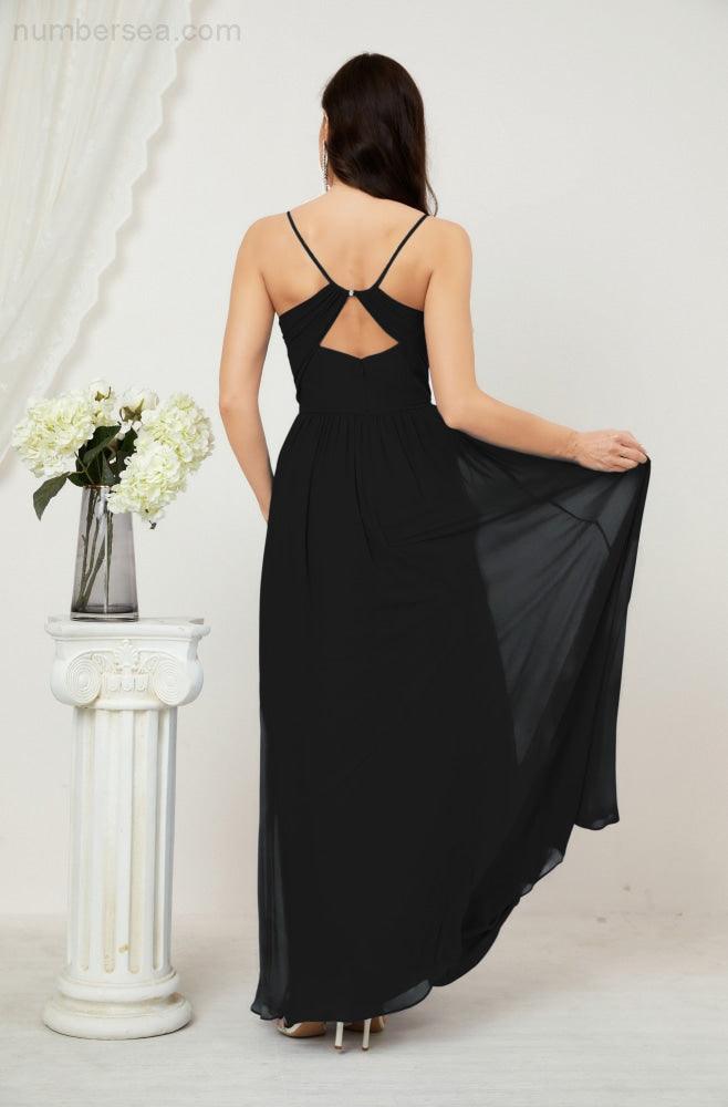 Neck Bridesmaid Dresses Chiffon Long Spaghetti A-line Formal Prom Gown for Wedding Party Evening 2801