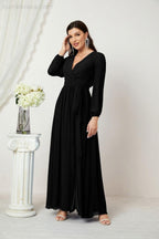 Evening Dresses Deep V-Neck Chiffon Bridesmaid Dresses Long Bishop Sleeve Side Split Formal Dress 2806