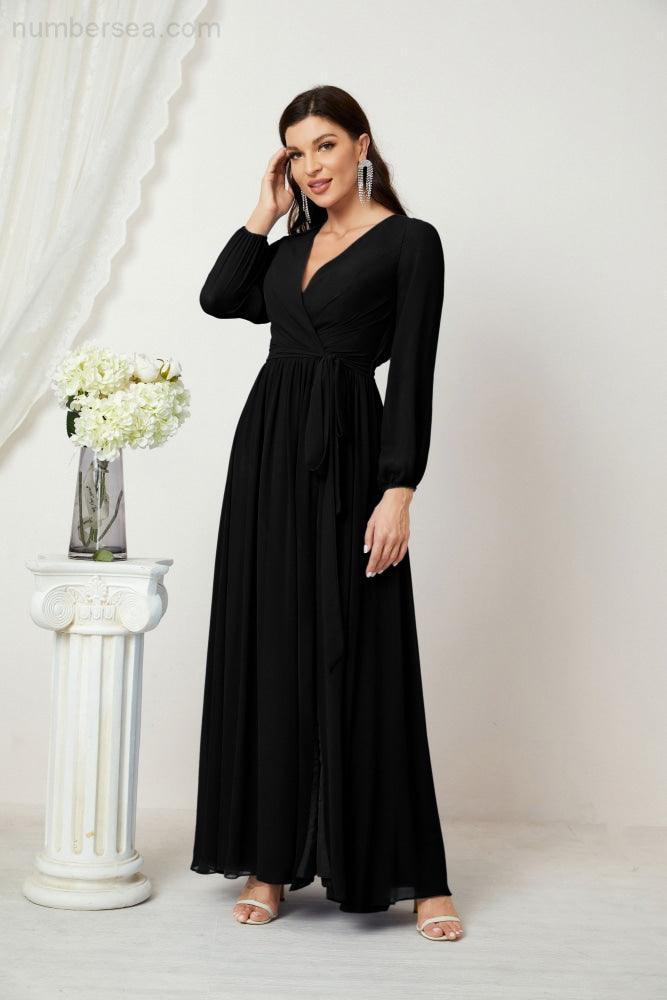 Evening Dresses Deep V-Neck Chiffon Bridesmaid Dresses Long Bishop Sleeve Side Split Formal Dress 2806