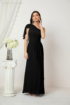 Chiffon Ruffled One Shoulder Long Bridesmaid Dresses A-line Formal Evening Gown Side Split 2809