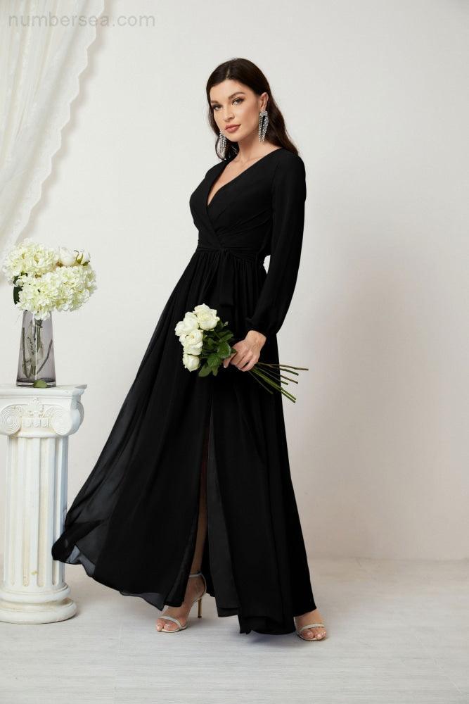 Evening Dresses Deep V-Neck Chiffon Bridesmaid Dresses Long Bishop Sleeve Side Split Formal Dress 2806