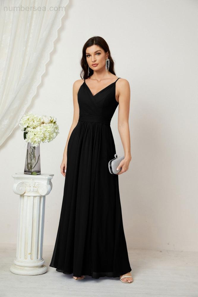 Chiffon V-Neck Bridesmaid Dress Spaghetti Strap Long Formal Party Prom Gowns with Slit 28010