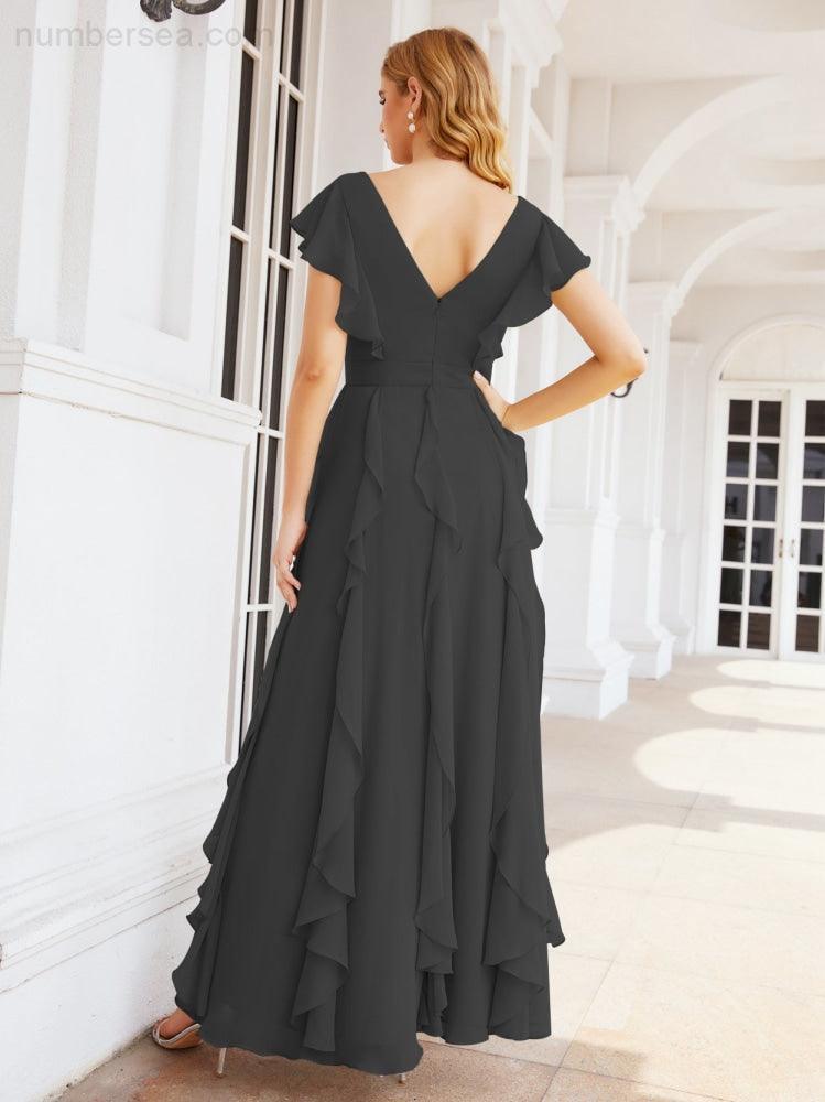 Ruffled Bridesmaid Dresses with Sleeves Long Formal Party Dress 28041