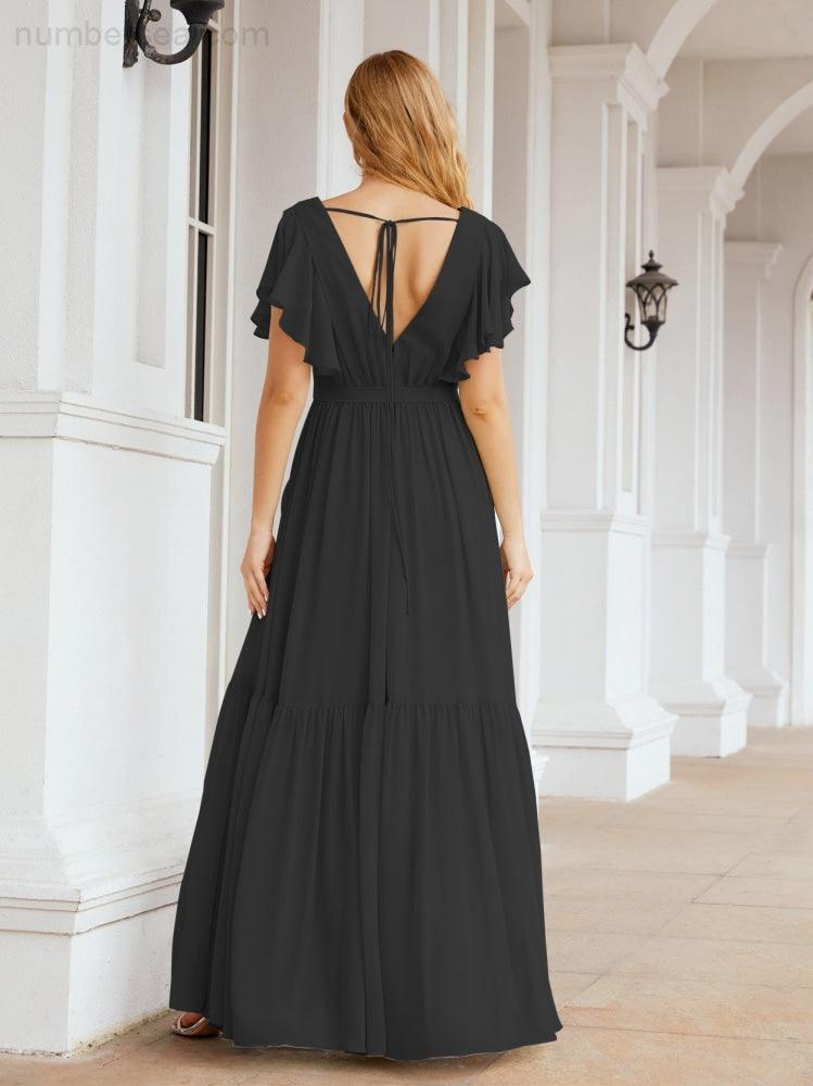 Abiti da sera formali da donna Numbersea con schiena scoperta, scollo a V, lunghi in chiffon, abiti da damigella con cintura in vita 28038