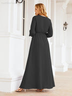 Vestito da damigella d'onore in chiffon da donna Numbersea, linea a trapezio, maniche lunghe, abito lungo formale da sera per ospite di matrimonio 28032