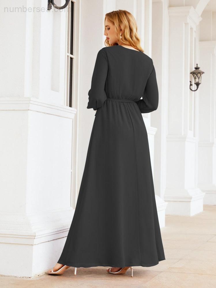 Vestito da damigella d'onore in chiffon da donna Numbersea, linea a trapezio, maniche lunghe, abito lungo formale da sera per ospite di matrimonio 28032