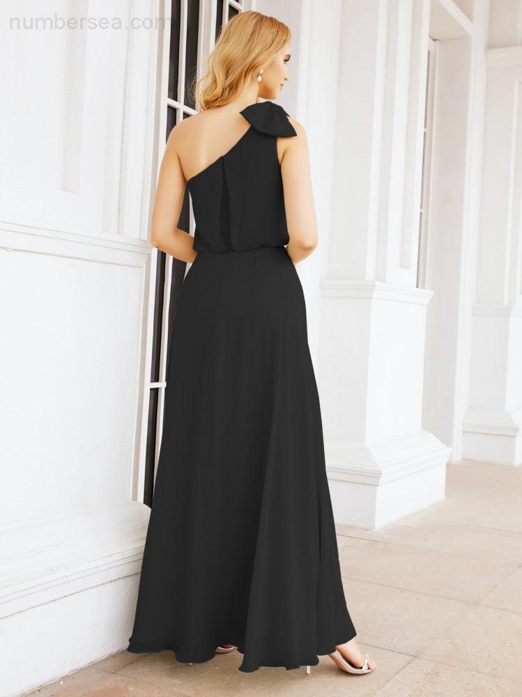 Chiffon Ruffled One Shoulder Sleeveless Long Bride Dresses A-line Formal Evening Gown Side Split 28057