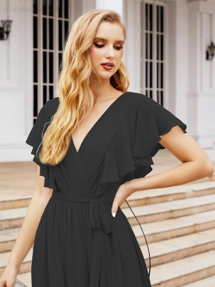 Abiti da sera formali da donna Numbersea con schiena scoperta, scollo a V, lunghi in chiffon, abiti da damigella con cintura in vita 28038