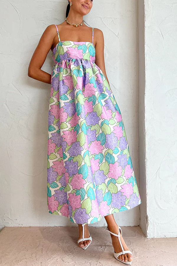 Robe mi-longue ligne A imprimée florale avec nœud papillon dans le dos, déesse du jardin