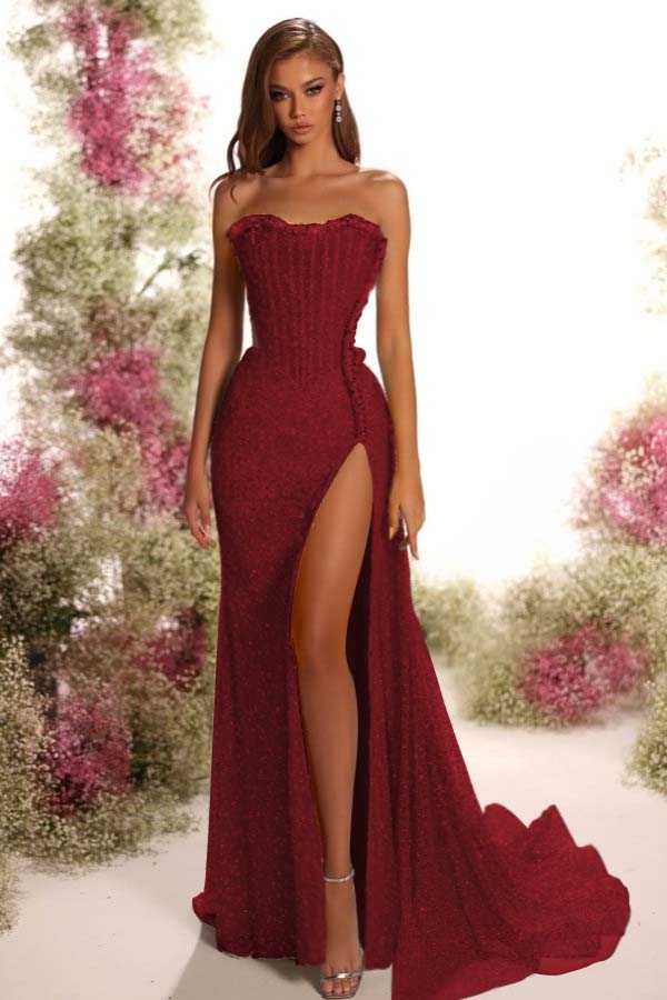 Vestido de baile sem alças sem mangas com lantejoulas plissadas e corte comprido