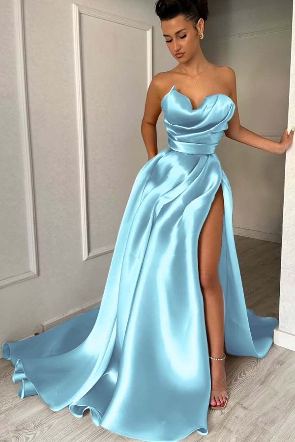 Strapless Sleeveless Long Prom Dress With High Split Pleated