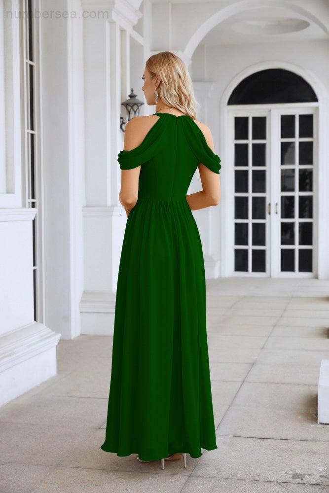 Abito da sera da damigella in chiffon con spalle scoperte, maniche a campana e spacco frontale, abito da festa nuziale 28117