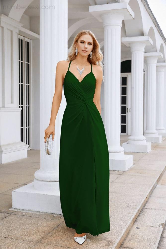 Vestido de Festa Comprido até ao Chão para Damas de Honra, em Chiffon, com Alças Finas, Decote em V e Fenda Frontal, para Baile, Festa e Casamento 28116