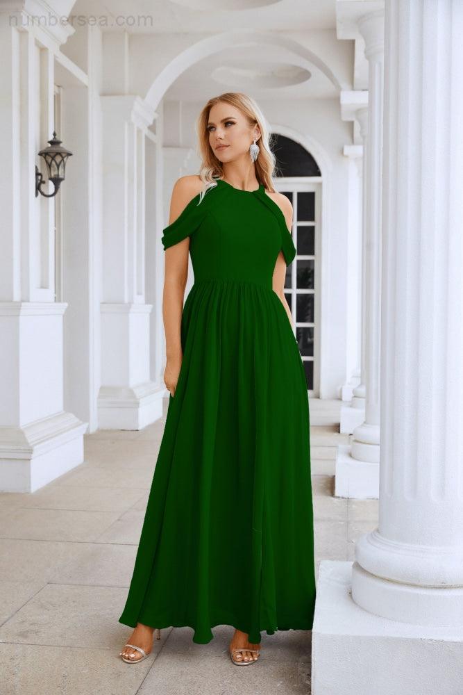 Abito da sera da damigella in chiffon con spalle scoperte, maniche a campana e spacco frontale, abito da festa nuziale 28117