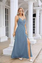 Vestido de Festa Comprido até ao Chão para Damas de Honra, em Chiffon, com Alças Finas, Decote em V e Fenda Frontal, para Baile, Festa e Casamento 28116