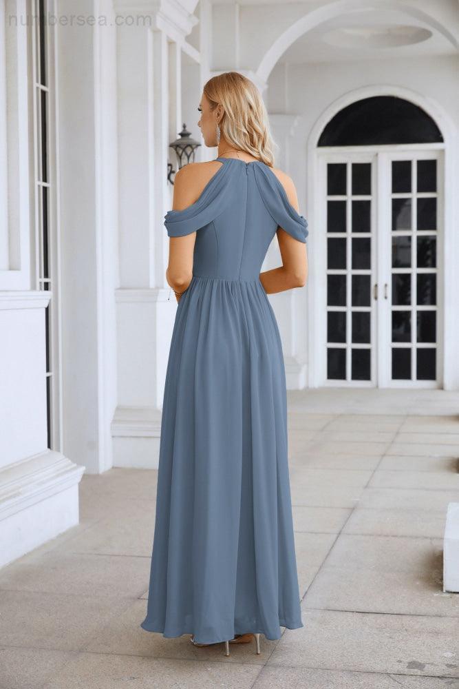 Abito da sera da damigella in chiffon con spalle scoperte, maniche a campana e spacco frontale, abito da festa nuziale 28117