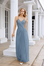 Vestido de Festa Comprido até ao Chão para Damas de Honra, em Chiffon, com Alças Finas, Decote em V e Fenda Frontal, para Baile, Festa e Casamento 28116
