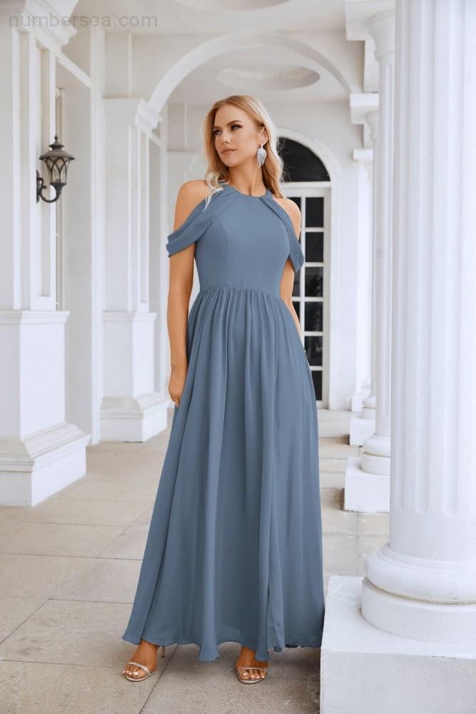 Abito da sera da damigella in chiffon con spalle scoperte, maniche a campana e spacco frontale, abito da festa nuziale 28117