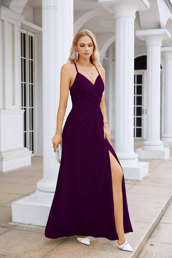 Vestido de Festa Comprido até ao Chão para Damas de Honra, em Chiffon, com Alças Finas, Decote em V e Fenda Frontal, para Baile, Festa e Casamento 28116